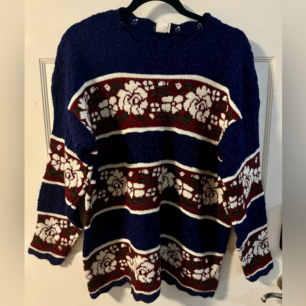 90s Holiday Time Rose Fair Isle Navy Burgundy Green Shiny Sweater Oversized VTG